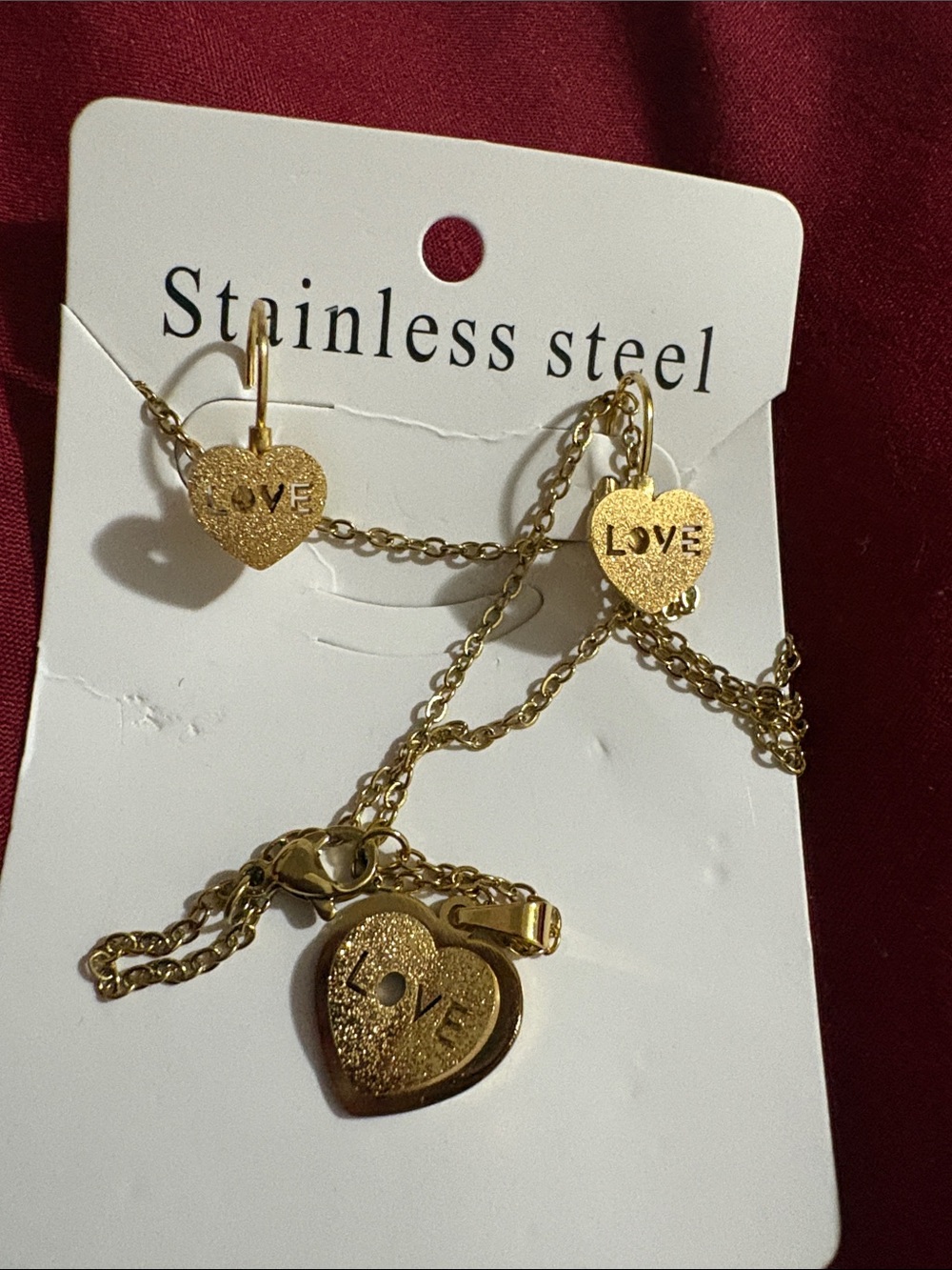 Stainless Steel Gold 'Love' Heart Necklace and Earring Set